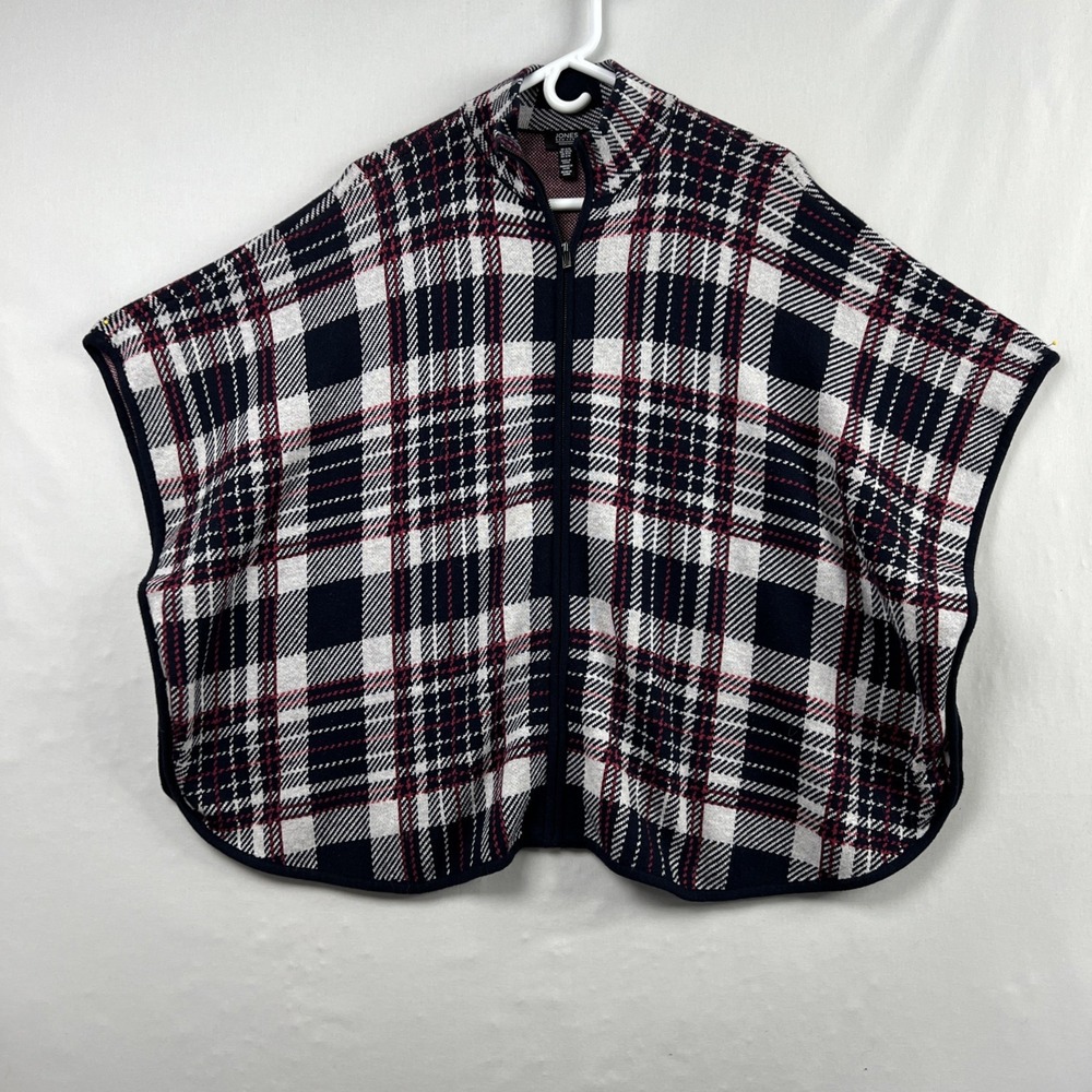 Jones New York Signature Plaid Poncho Wrap Sweater S/M Black Red Zip Front